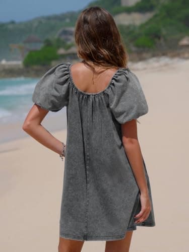 EXLURA Womens Summer Denim Short Puff Sleeve Dresses Knit Loose Plus Size Short Mini Dress 2026 Trendy Spring Outfits - Thumbnail 5