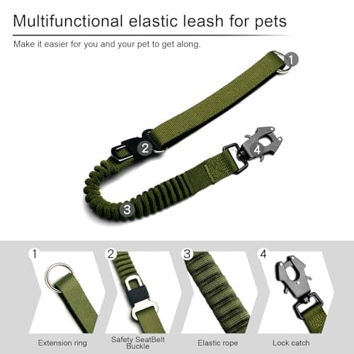 20” Strong Short Leash for Dog, Heavy Duty Bungee Dogs Leash with Padded Handle Car Seatbelt, Dog Training Leashs for Large or Medium Dogs - Can be Used with Other leashes (Army Green) - Thumbnail 6