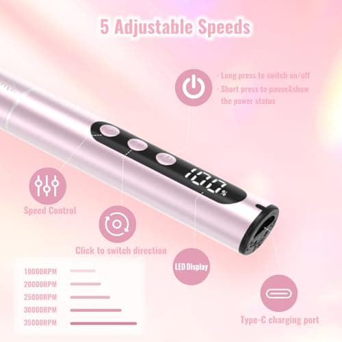 Denabuty Electric Nail Drill Cordless, 35000RPM Portable Electric Nail File with LCD Display and 12 Nail Drill Bits for Acrylic & Gel Nails, Professional Manicure & Pedicure Kit Set Pink - Thumbnail 5