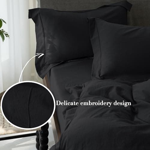 ELIMMO Cooling California King Duvet Cover Set 3 Pieces-100% Washed Cotton with Chic Wide Trim Design Linen Like Textured Ultra Soft Cozy Bedding-Zipper Closure(Hemmed Solid Black,Cal King 104"x98") - Thumbnail 4