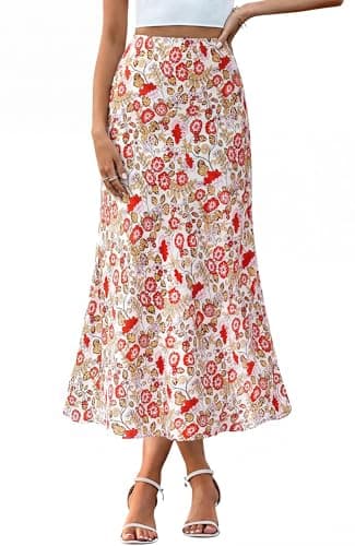 BTFBM Satin Skirts for Women 2025 Fall High Waisted A-Line Leopard Print Cocktail Wedding Long Silk Summer Midi Skirt(Floral White Red, Small) - Image 1