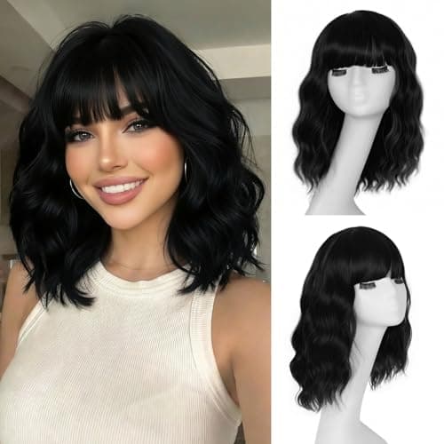 ONICE Wear And Go Bob Wig With Bangs Natural Color Wavy Wig For Black Women Shoulder Length Style Synthetic Wig Suitable For Beginners 14 Inches (Black) - Image 1