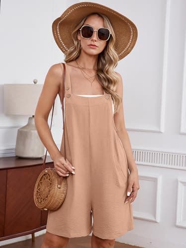 Heymoments Short Overalls Jumpsuits Rompers for Women Peach Puff Medium Casual Maternity Summer Comfy Ladies Loose Fit Dressy Wide Leg One Piece Sleeveless Grils Bib Baggy Pants with Pockets - Thumbnail 3