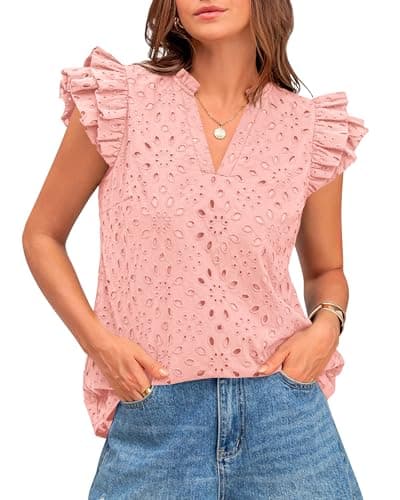 BTFBM Summer Eyelet Tops for Women 2026 Dressy Casual Spring V Neck Ruffle Cap Sleeve Embroidered Blouses Resort Wear(Pink, Small) - Image 1