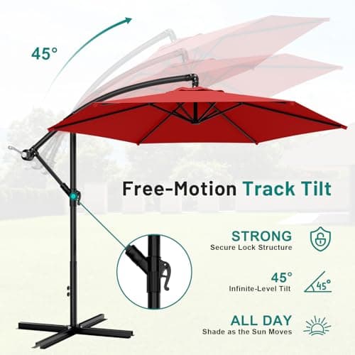 AreShark 10FT Patio Outdoor Umbrella, Offset Patio Umbrella Cantilever Umbrella, 6 Sturdy Ribs, Easy Adjustment for Garden Market Pool with Cross Base (Red) - Thumbnail 5