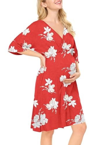 Nursing Dresses Breastfeeding Dress for Women - V Neck Maternity Nursing Dress Flowy Boho Floral Vacation Dress Red - Image 1