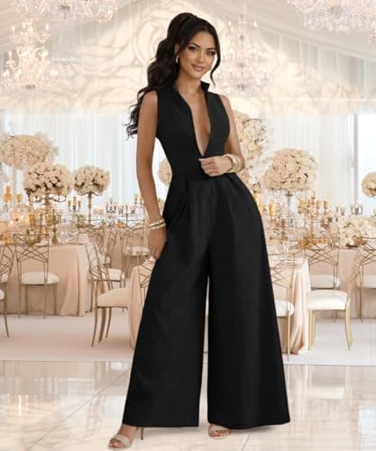knowfashionstyle Jumpsuits For Women Dressy Sleeveless Zip Up Wide Leg Jumpsuit Date Night Rompers Formal Party Outfits Black S - Thumbnail 2