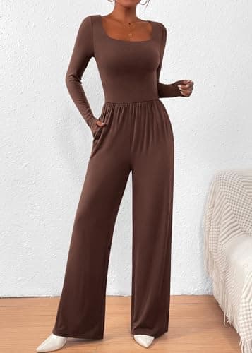 KIRUNDO Long Sleeve Jumpsuit for Women 2026 Spring Outfits Summer One Piece Square Neck Wide Leg Pants Romper With Pockets(Coffee, Large) - Thumbnail 6