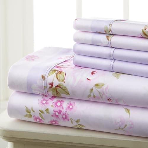 Spirit Linen home Twin Size Bed Sheets Set Deep Pockets - 6PC Floral Ultra Soft Microfiber Bed Sheets - Easy to Clean, 90 Thread Count Sheets Includes 1 Fitted, 1 Flat, 2 Pillowcases (Pink Lavender)