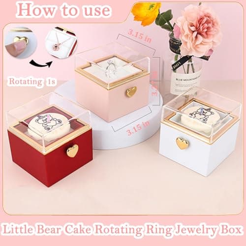Weijimir Little Bear Cake Rotating Pink Ring Box for Proposal, Engagement Ring Box Wedding Day Birthday, Surprise Ring Bearer Proposal Box Necklace Bracelet Ring Rotating Jewelry Box for Women - Thumbnail 5