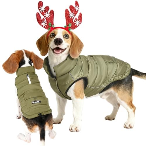 Dog Winter Puffer Jacket Waterproof, Reflective Furry Fleece Lined Dog Coats for Small Medium Dogs, Warm Snow Coat, Insulated Cold Weather Dogs Vest Jackets with Leash Hole, Olive - Image 1