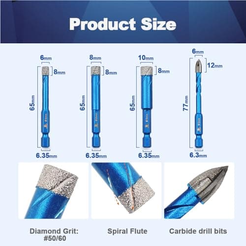 Diamond Drill Bit - BRSCHNITT 1/4 1/4 5/16 3/8 inch Masonry Drill Bits Set for Porcelain Tile Ceramic Stone Granite Marble,Hex Shank Diamond Hole Saw Drill Bit(5pcs/Pack). - Thumbnail 2