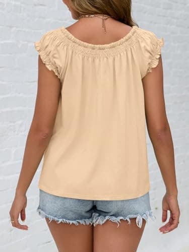 Beloyoni Womens Babydoll Tops Summer Tie Front Cap Sleeve Tank Top Dressy Casual Loose Fit Peplum Blouses Cute Flowy Shirts Beige XS - Thumbnail 3