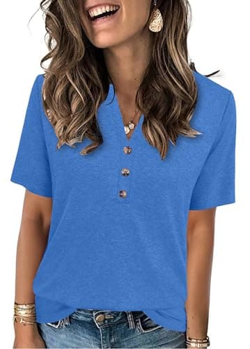 Going Out Tops for Women Short Sleeve Button Shirts Summer Outfits Basic Tees Trendy Soft Flowy Cute Clothes Blue - Image 1