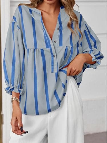 Tankaneo Womens Puff Sleeve Babydoll Tops Summer V Neck Striped Blouse Cute Casual Loose Fit Flowy Shirts Grey - Thumbnail 2