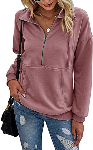 PRETTYGARDEN Women's Casual Long Sleeve Lapel Zipper Sweatshirt Drawstring Loose Pullover Tops (Pink, Medium) - Image 1