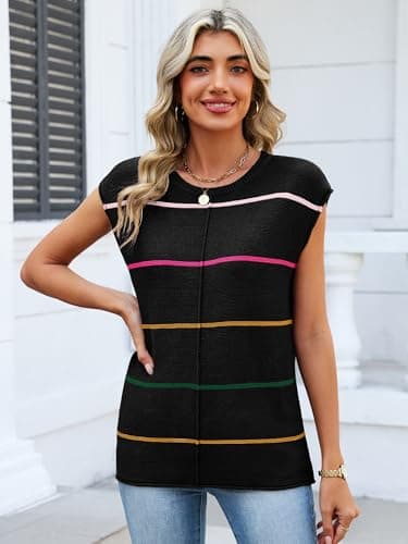 Bellcoco Womens Cap Sleeve Summer Tops Striped Sweater Vest Lightweight Casual Crewneck Loose Knit Pullover Tank Top Beach Vacation Outfits Black S - Thumbnail 2