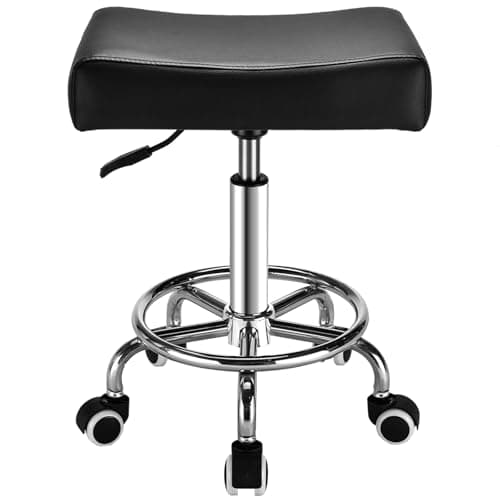 Square Salon Rolling Stool - 300lbs Weight Capacity，Adjustable Swivel Stool with Wheel，Pu Leahter Comfortable Cutting Stools for Salon Tattoo Stylist Massage Perfect for Work SPA (Premium Black) - Image 1