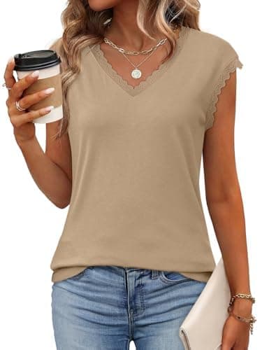 JUSTFASHIONNOW Cap Sleeve Tops V Neck Tshirts Shirts for Women Business Dressy Casual Blouses Summer Beach Vacation Clothes(Khaki,XX-Large) - Image 1