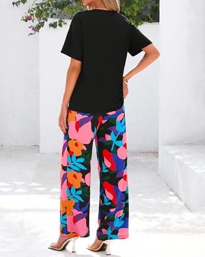 PRETTYGARDEN Women Summer 2 Piece Outfits 2026 Short Sleeve Knit Top Floral Print Belted Wide Leg Pant Sets With Pockets(Floral Black Multicolored,XX-Large) - Thumbnail 5