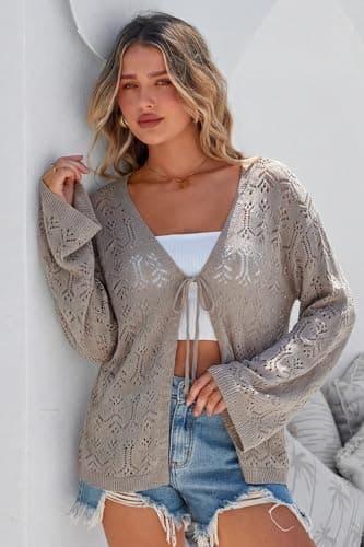 Arach&Cloz Women's Linen Blend Summer Crochet Cardigans Sweater Long Sleeve Lightweight Tie Open Front Lacey Knitted Sweater Boho Cover Up Beach Vacation Outfits Resort Wear Trendy 2026 Nutmeg XXL - Thumbnail 3