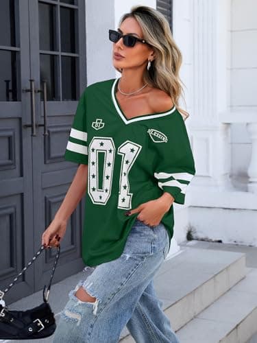 Bellcoco Women's Y2k Graphic Shirts Oversized Jersey Tops V Neck Number Print Off Shoulder Tees Football Streetwear Green Graphic XL - Thumbnail 3