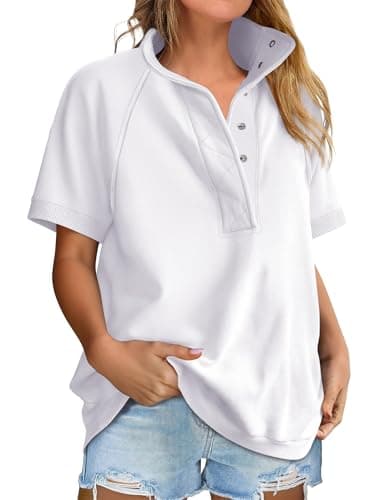 ANRABESS Womens Short Sleeve Tops Oversized Lightweight Sweatshirt Polo Shirts 2026 Summer Casual Button Pullover Top Outfits White Small - Image 1