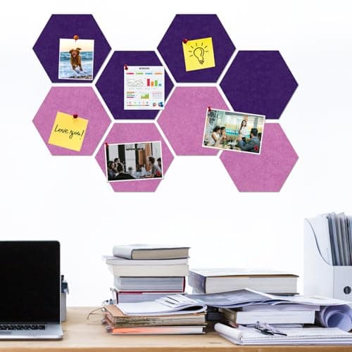 HULAVO Large Hexagon Felt Cork Board Tiles, Self Adhesive DIY Felt Bulletin Board Pin Board with 35 Pushpins for Office School Home Wall Decor(Purple+Light Purple) - Thumbnail 2