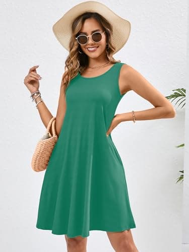 Heymoments Women Summer Dress Malachite Green Medium Sleeveless Crewneck Casual Cute Loose Fitting Tank Sundress Comfy Swing Midi Flowy A Line Trendy Beach Vacation Teacher Dresses with Pockets - Thumbnail 5