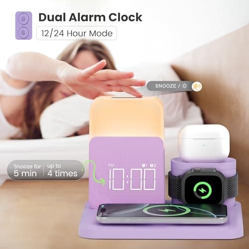 Wireless Charging Station, 7 in 1 Wireless Charger Stand with Dual Alarm Clock, Charging Dock for iPhone17/16/15/14/13/12/11/Pro/Max/Samsung Phone, Apple Watch 10/9/8/7/6/5/SE, AirPods 4/3/2 (Purple) - Thumbnail 3