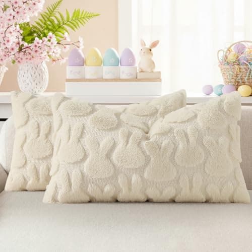 decorUhome Easter Bunny Pillow Covers 12x20 Inch Set of 2, Soft Plush Faux Wool Jacquard Beige Rabbit Cushion Covers, Farmhouse Neutral Spring Easter Holiday Decor for Couch Sofa Bed - Image 1