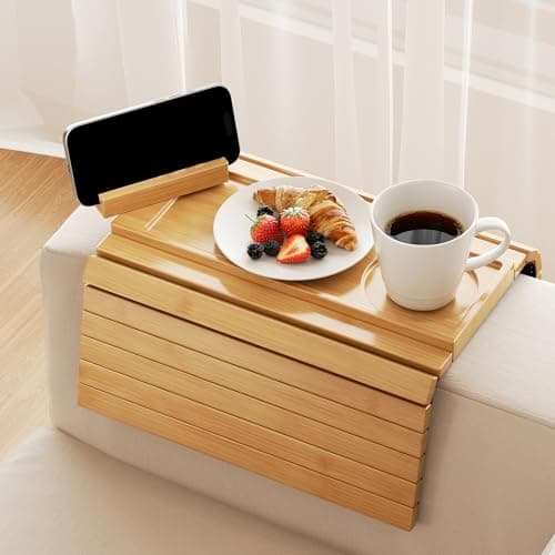 Yofidra Couch Armrest Table, Bamboo Sofa Arm Tray with 360° Rotating Phone Stand, 3 in 1 Foldable Couch Cup Holder with Non-Slip Pad, Sofa Organizer for Drink Remote Phone Snacks, Yellow - Image 1