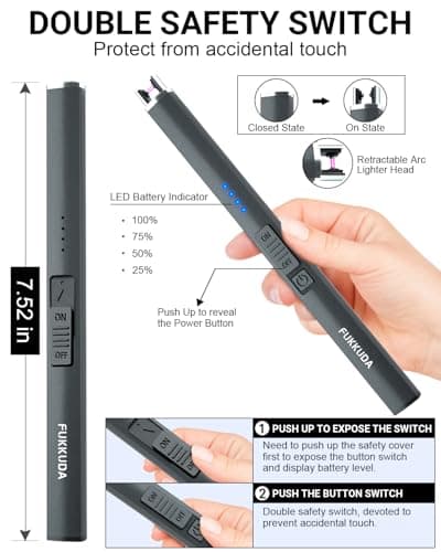 FUKKUDA Electric Candle Lighter with Safety Switch - USB Rechargeable Windproof & Flameless Plasma Arc Lighter for Easter Basket Stuffers (Space Grey) - Thumbnail 5