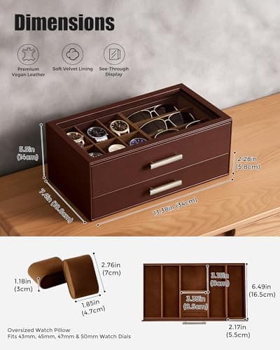 ProCase Mens Jewelry Box Pull-Out Drawer, 6 Slot Watch Case & 5 Slot Sunglasses Organizer, Fathers Day Gift for Dad, 2-Tier Leather Watch Box with Glass Display Top, Gift for Men & Women-Espresso - Thumbnail 4
