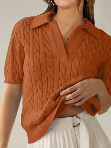 ANRABESS Women's Short Sleeve Sweaters Tops Polo V Neck Cable Knit Casual Soft Pullover Shirts 2026 Summer Outfits Rust Small - Thumbnail 2
