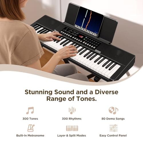 Rhymo 61 Key Keyboard Piano, Electric Piano Keyboard with Touch Response, LED display, Music Stand, 300 Voices, 300 Rhythms, Learning Keyboard Piano for Beginners, Built-in Speakers - Thumbnail 2