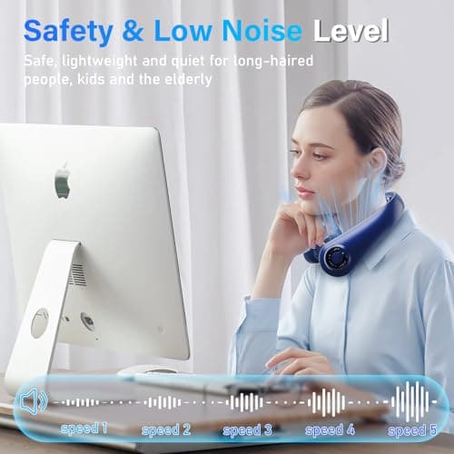 Neck Fan - Portable Neck Fan with Neck Support, 5 Speeds, All Around Airflow, Hand-free Bladeless Personal Cooling Fans, Rechargeable Wearable Fan for Outdoor and Indoor, Festival Gifts for Men Women - Thumbnail 4