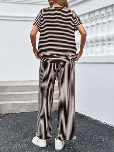 Tankaneo Womens Striped 2 Piece Sets Short Sleeve T Shirts Wide Leg Pants Matching Lounge Set with Pockets - Thumbnail 4