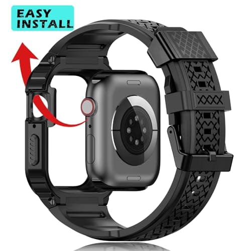 Deczone Band with Stainless Steel Case Compatible with Apple Watch Series SE 3 2 1/6 5 4 44mm, Series 3 2 1 42mm Band, iwatch Bands Rugged Protective Meatl Cover for Men (Black) - Thumbnail 5