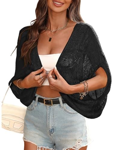 Womens Short Sleeve Crochet Summer Cardigan Cropped Button Sweater Lightweight Shrug for Dress Black L