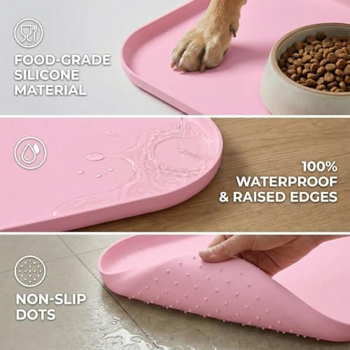 BLESWIN Waterproof Silicone Pet Feeding Mat Pink with Raised Edge,24" x 16"Non-Skid Spill Proof Dog Bowl Mats, Easy Clean Cat Bowls Placemat for Cats and Dogs - Thumbnail 4