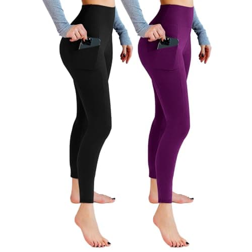 Leafigure 2 Packs Leggings with Pockets for Women, High Waisted Tummy Control Workout Leggings for Gym Black/Purple LXL - Image 1
