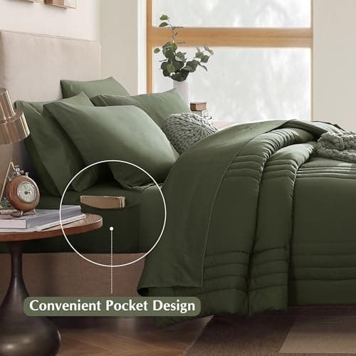 Monbix King Size Comforter Set - 7 Pieces Bed in a Bag King, Olive Green Bedding Sets with Comforter, All Seasons Comforter Bed Set with Sheets, Pillowcases & Shams - Thumbnail 3