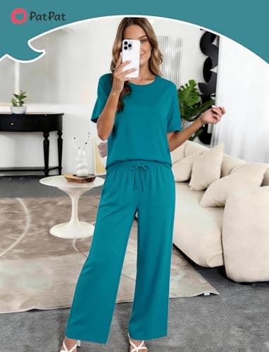 PATPAT Lounge Sets for Women Short Sleeve Pajama Set Soft Comfy Elastic Pjs 2 Piece Loungewear Outfits with Pockets Turquoise, XXL - Thumbnail 2