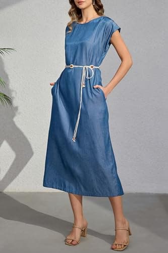 Women's Summer Denim Blue Casual Cap Sleeve Back Split Shift Elegant Office Rayon Pockets Dress with Decorative Waist Chain Ladies Straight Calf Length Work Business Vocation Holiday Dresses - Thumbnail 3