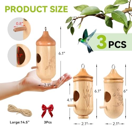 Hummingbird House, Solid Wood Hummingbird Houses for Outside-Exquisitely Handcrafted Birdhouse with Ribbon and String Hanging Kit, Durable Garden Decor, Perfect Gardening Gift (Style-ABC, 3 Pack) - Thumbnail 2