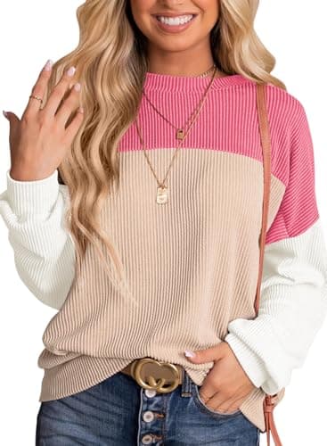 Dokotoo Womens Pullover Fall Tops for Women Ladies Crewneck Long Sleeve Shirts Colorblock Tunics Blouses Summer Casual Loose Fit Tops Cute Fashion Knit Tops Vacation Outfits 2026 Rose Red Large - Image 1