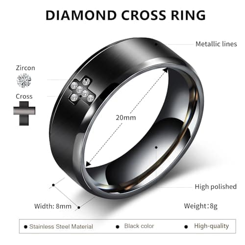 SYDNFZY Mens Wedding Band Ring - 8mm Stainless Steel Engagement Promise Rings for Men Women, Cross Classic Ring with Princess Cut Cubic Zirconia for Men Jewelry Gift Ring Size 6 7 8 9 10 11 (Black, 7) - Thumbnail 2
