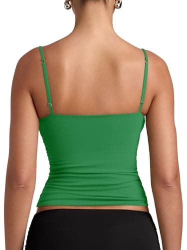 PINKMSTYLE Women Double Layer Spaghetti Strap Tank Tops Sleeveless Camisole Tops Fitted Ruched Cami Shirt Kelly Green Small - Thumbnail 5