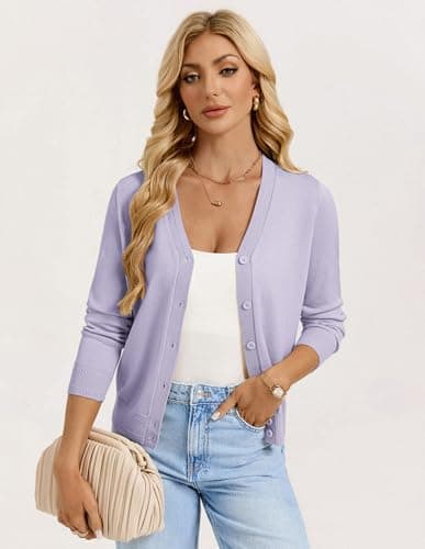 GRACE KARIN Purple Cardigan Sweaters for Women Lightweight Button Up Spring Cardigans Trendy Summer Clothes Knit Shrug M - Thumbnail 2
